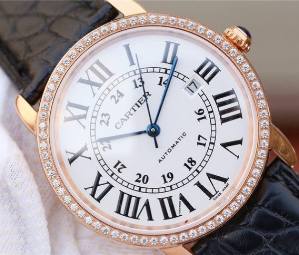 Replica Cartier Ronde De Cartier RG White Dial Diamonds Bezel Croco Strap A2892