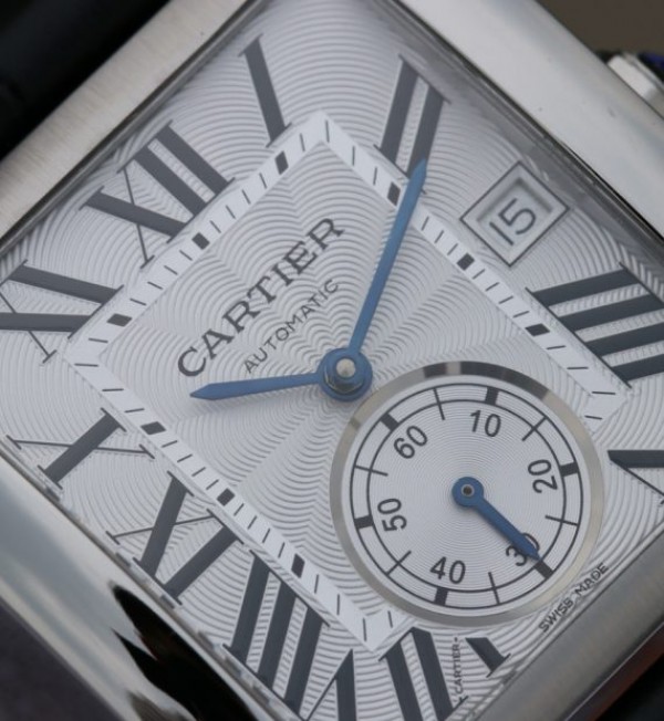 Replica Cartier Tank MC SS Textured White Dial Black Leather Strap