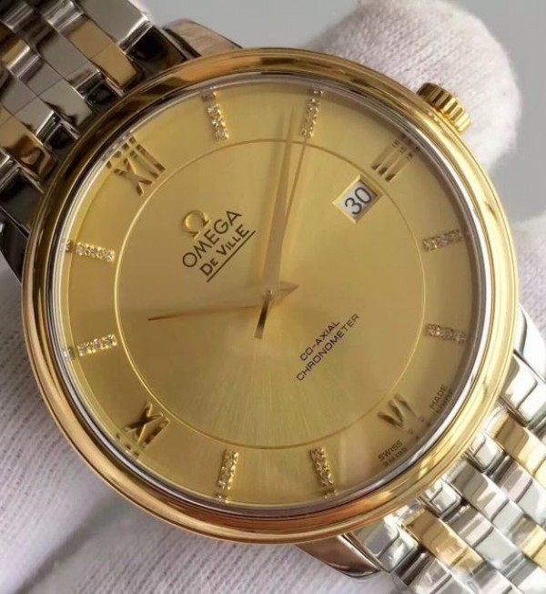 Replica Omega MK De Ville 39.5mm Yellow Dial Diamonds Markers RG Bezel SS/RG Bracelet A2824