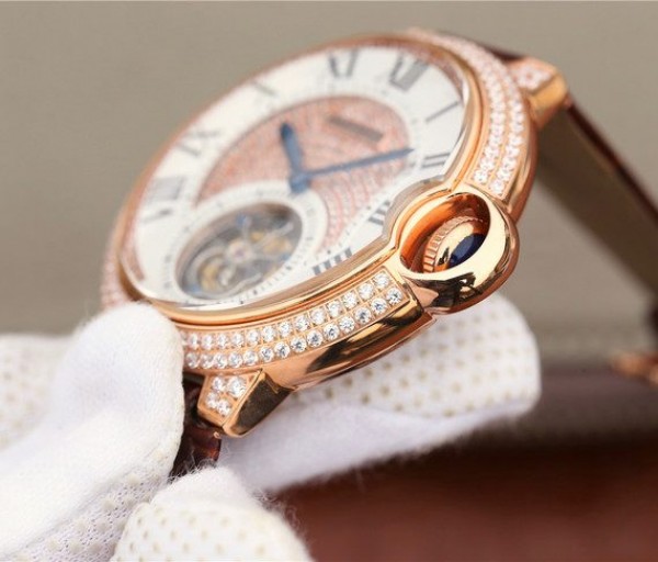 Replica Cartier Ballon Bleu de Cartier Tourbillon RG Paved Diamonds Leather Strap