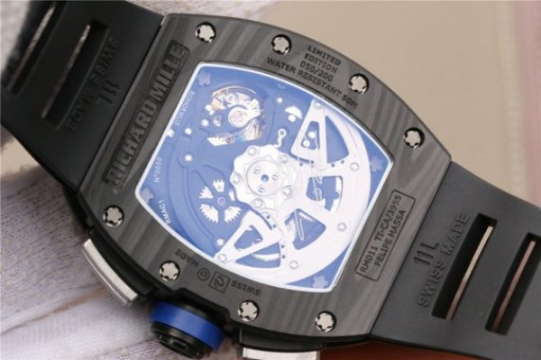 Replica Richard Mille RM011 SS Felipe Massa 10th Anniversary KVF Crystal Skeleton Dial Blue Black Rubber Strap A7750