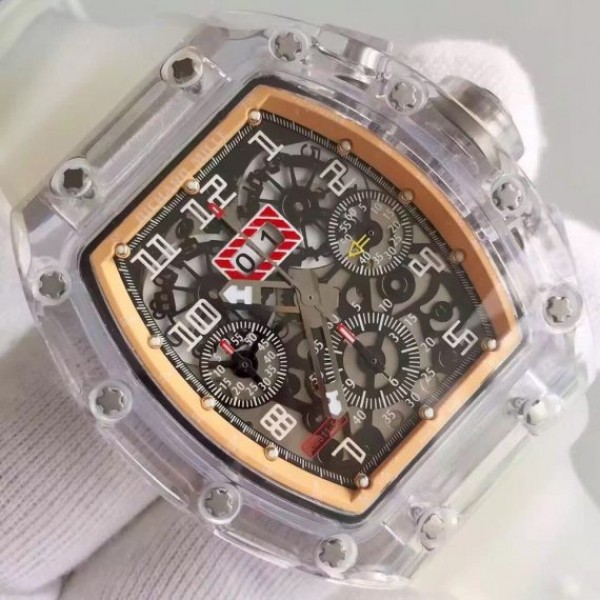 Replica Richard Mille RM011 Transparent Case RG/Black Bezel Skeleton Dial White Rubber Strap A7750
