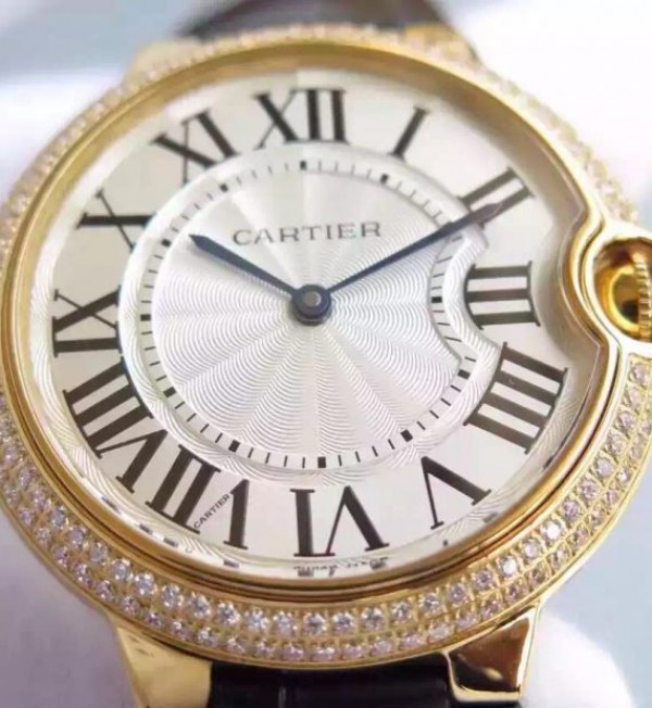 Replica Cartier Ballon Bleu 40mm YG Diamonds Bezel White Dial Leather Strap MIYOTA9015