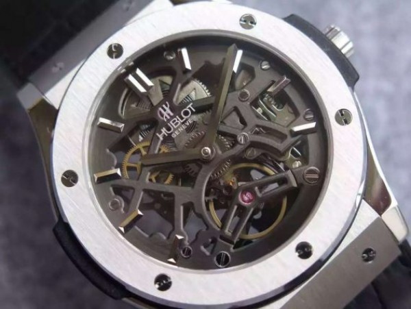 Replica Hublot Classic Fusion Tourbillon 45mm TF Skeleton Dial Black Gummy Strap A23J
