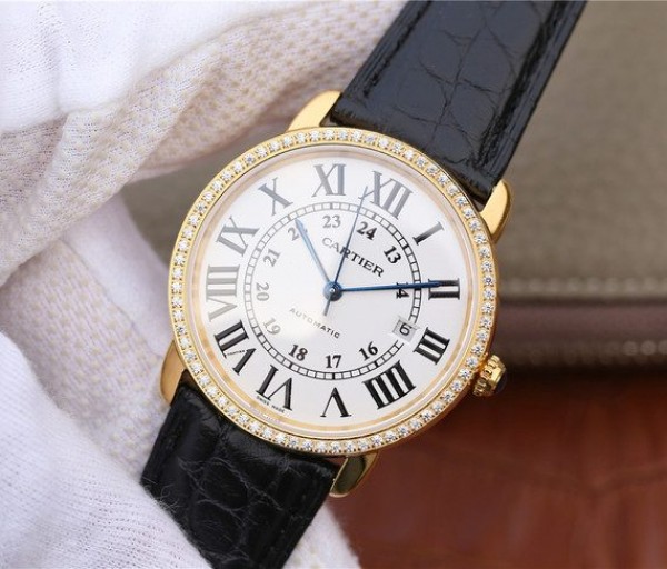 Replica Cartier Ronde De Cartier YG White Dial Diamonds Bezel Croco Strap A2892