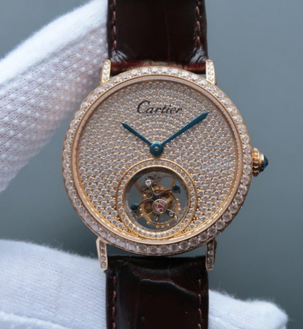 Replica Cartier Tourbillon YG Diamonds Dial Bezel Leather Strap