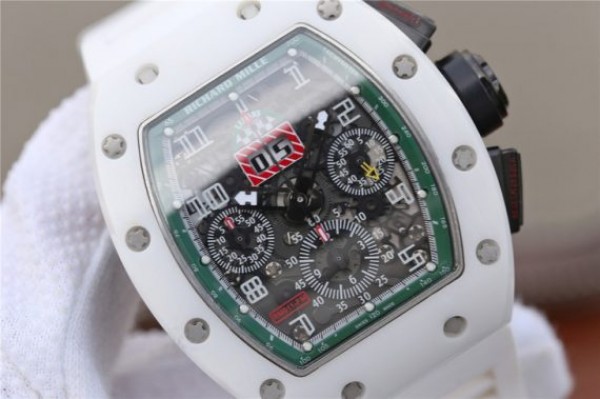 Replica Richard Mille RM011 White Ceramic Felipe Massa Green Inner Bezel White Rubber Strap A7750