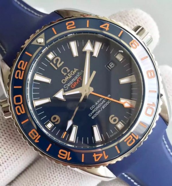 Replica Omega Planet Ocean GMT Goodplanet Blue Bezel Orange Marker Blue Dial Rubber A8605
