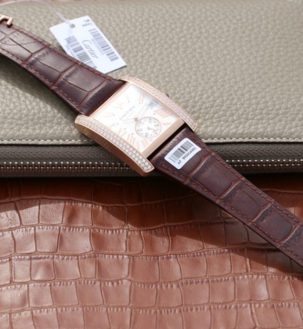 Replica Cartier Tank MC RG White Dial RG Mark Diamonds Bezel Leather Strap