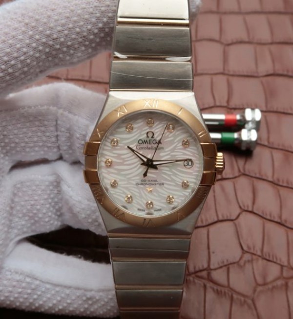 Replica Omega V6 Constellation 35mm SS White Dial Diamonds Markers RG Bezel A2500