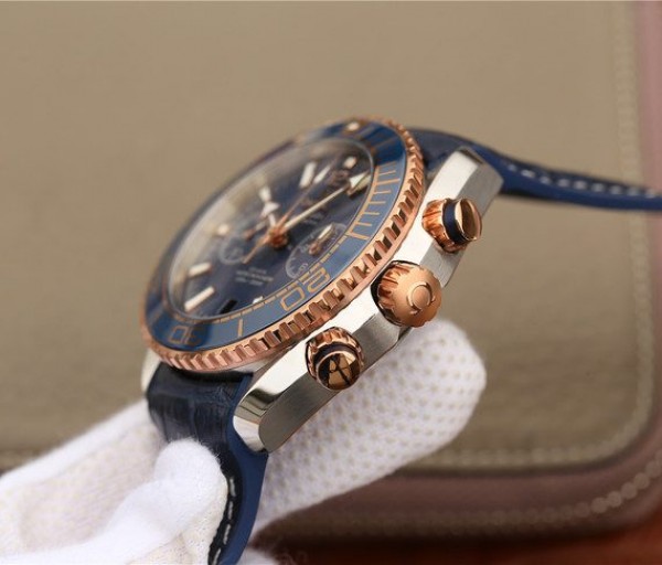 Replica Omega OMF Planet Ocean Master Chronometer SS/RG Blue Bezel Blue Dial Leather Strap A9901