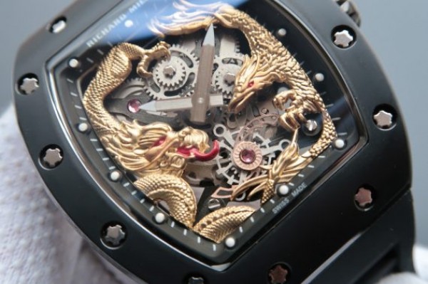 Replica Richard Mille RM057 Dragon Phoenix PVD SS Case YG Dragon Dial Black Rubber Strap