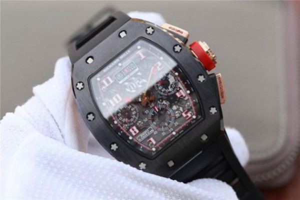 Replica Richard Mille RM011 Black Ceramic RG Chrono Skeleton Dial Black Rubber Strap A7750