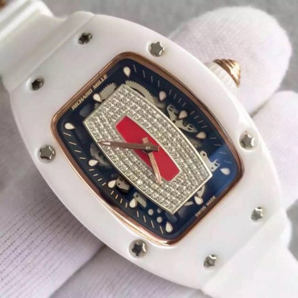 Replica Richard Mille RM 007-01 Lady SS Diamonds Red Dial RG White Rubber Strap 6T51