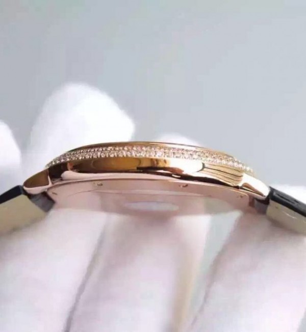 Replica Cartier Ballon Bleu 40mm RG Diamonds Bezel Black Dial Leather Strap MIYOTA9015