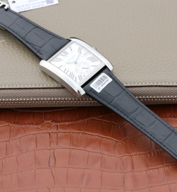 Replica Cartier Tank MC SS Textured White Dial Black Leather Strap