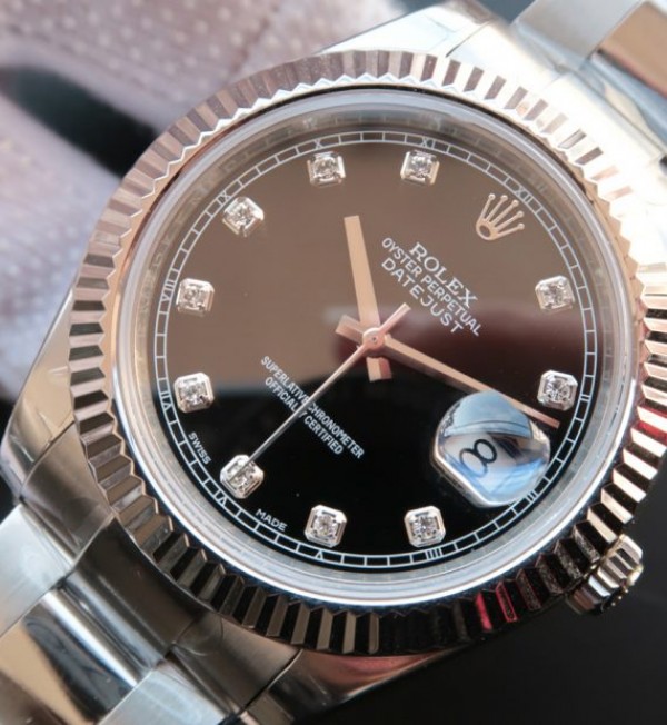 Replica Rolex DateJust 41mm 116334 Fluted Bezel Black Dial Diamonds Markers SS Bracelet A3136