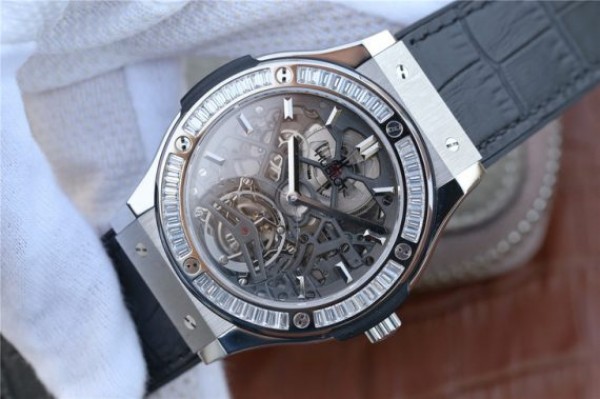 Replica Hublot Classic Fusion Tourbillon 42mm TF Skeleton Dial Black Gummy Strap A23J