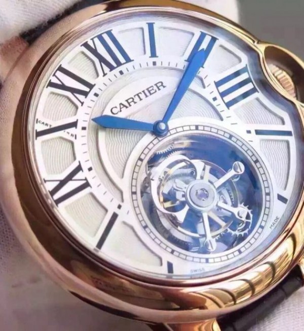Replica Cartier Ballon de Cartier 46MM Tourbillon RG White Dial Leather Strap Flying Tour