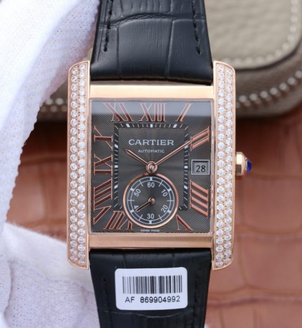 Replica Cartier Tank MC RG Gray Textured Dial Diamonds Bezel Leather Strap