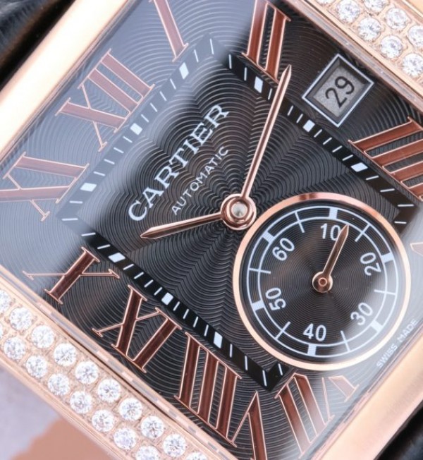 Replica Cartier Tank MC RG Black Textured Dial Diamonds Bezel Leather Strap
