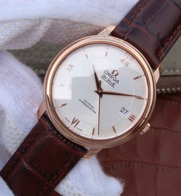 Replica Omega V6 De Ville 37mm RG White Dial RG Markers Leather Strap A2892