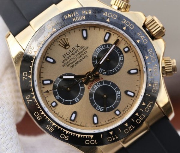 Replica Rolex Daytona 116518 Noob YG/Black Dial Rubber Strap A7750