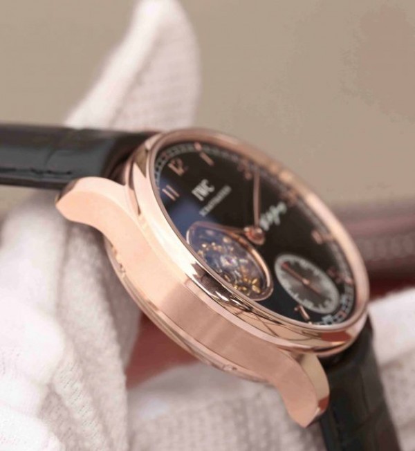 Replica IWC AZ Portuguese Flying Tourbillon SS Black Dial Leather Strap
