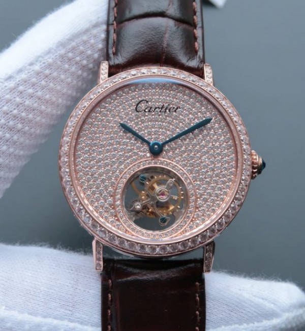 Replica Cartier Tourbillon RG Diamonds Dial Bezel Leather Strap