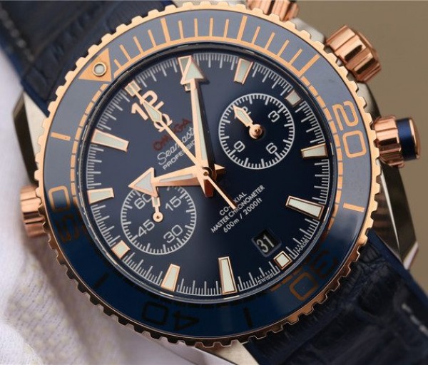 Replica Omega OMF Planet Ocean Master Chronometer SS/RG Blue Bezel Blue Dial Leather Strap A9901