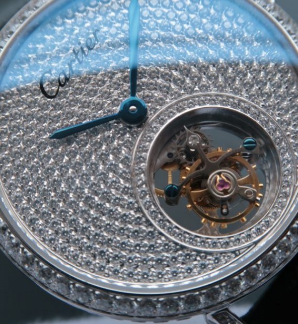 Replica Cartier Tourbillon SS Diamonds Dial Bezel Leather Strap