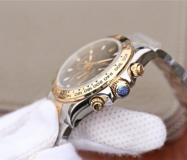 Replica Rolex Daytona 116523 Thick YG Wrapped Black Dial Sticks Markers SS/YG Bracelet A7750