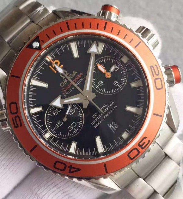Replica Omega Planet Ocean 45mm Chrono Orange Bezel Black Dial SS Bracelet A7750