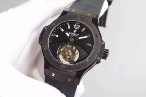 Replica Hublot Big Bang Tourbillon PVD Black Textured Dial Black Rubber Strap