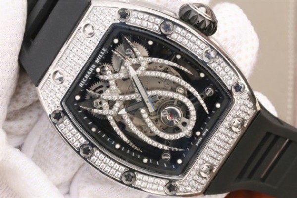 Replica Richard Mille RM 19-01 Tourbillon SS Full Paved Diamonds Case Skeleton Spider Dial Black Rubber Strap 6T51