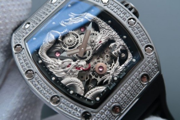 Replica Richard Mille RM057 Dragon Phoenix SS Case Diamonds Bezel Silver Dial Black Rubber Strap