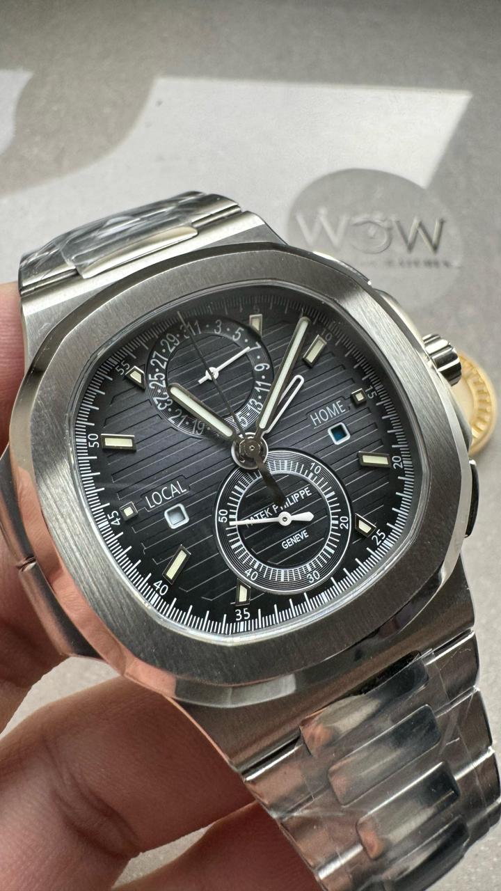 Replica PATEK PHILIPPE PPF Nautilus Chronograph Travel 5990 SS Grey Dial Stick on SS Bracelet A28-520