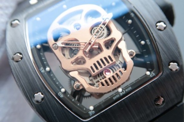 Replica Richard Mille RM052 Black Ceramic Gold Skull Dial Black Rubber Strap MIYOTA8215