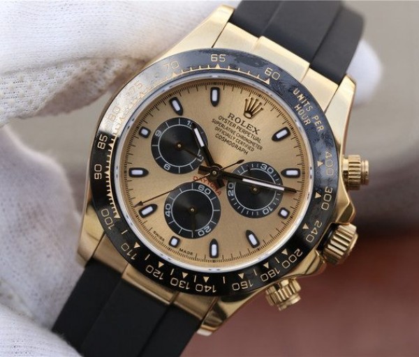 Replica Rolex Daytona 116518 Noob YG/Black Dial Rubber Strap A7750