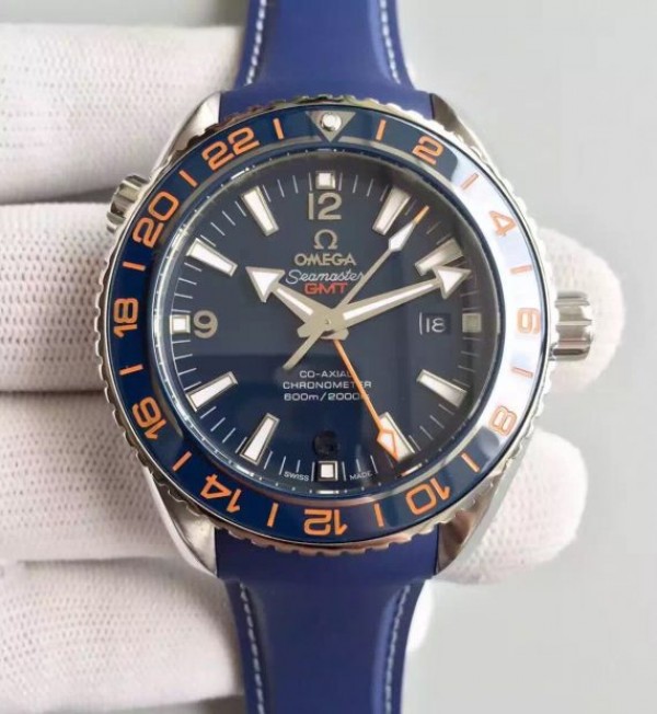 Replica Omega Planet Ocean GMT Goodplanet Blue Bezel Orange Marker Blue Dial Rubber A8605