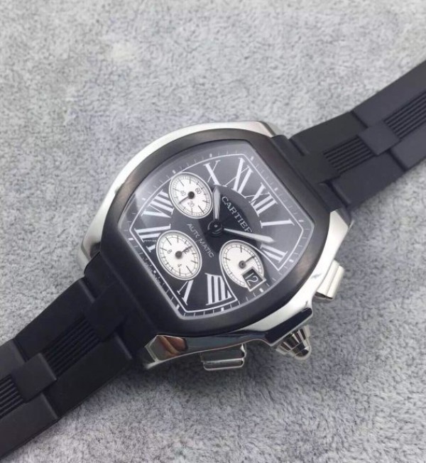 Replica Cartier Roadster SS Black Dial Black Rubber Strap A7750