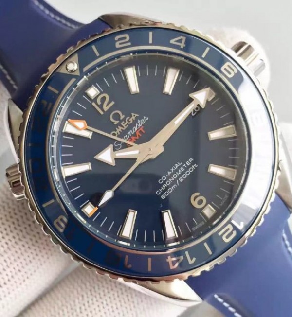 Replica Omega Planet Ocean SS GMT Blue Dial Silver Markers Blue Rubber Strap A8605
