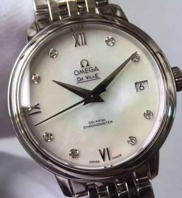 Replica Omega MKF De Ville 33mm Diamonds Markers White Dial SS Bracelet A2824