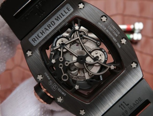 Replica Richard Mille RM055 Black Ceramic RG Inner Bezel Skeleton Dial Black Rubber Strap MIYOTA8215
