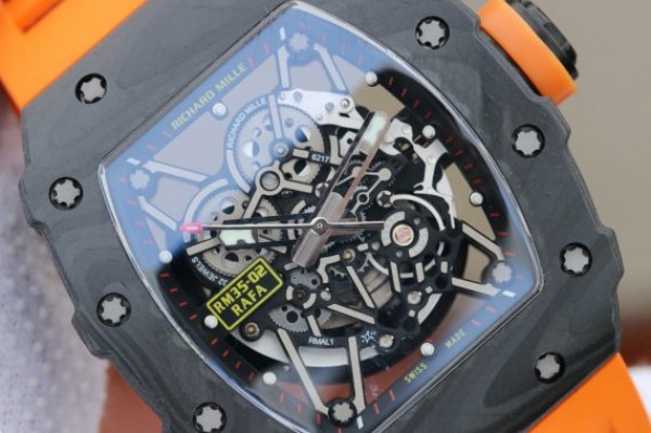 Replica Richard Mille RM035-02 Rafael Nadal FC Titanium Case KVF Skeleton Dial Orange Rubber Strap MIYOTA8215