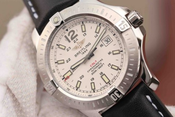 Replica Breitling Colt Automatic 44mm SS GF White Textured Dial on Black Leather Strap A2824