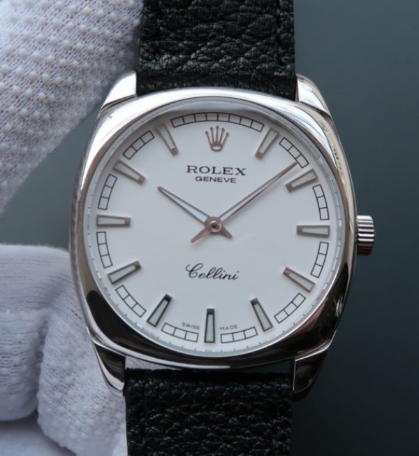 Replica Rolex Cellini Danaos 4243 SS White Dial Black Leather Strap A2824
