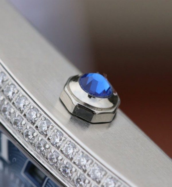 Replica Cartier Tank MC SS Blue Textured Dial Diamonds Bezel Leather Strap