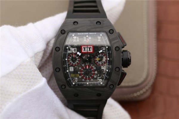 Replica Richard Mille RM011 NTPT Carbon Case Chronograph KVF Crystal Skeleton Dial Red Black Rubber Strap A7750