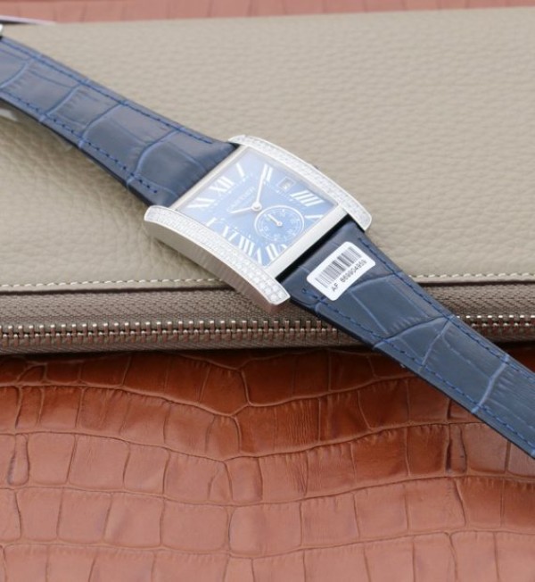 Replica Cartier Tank MC SS Blue Textured Dial Diamonds Bezel Leather Strap